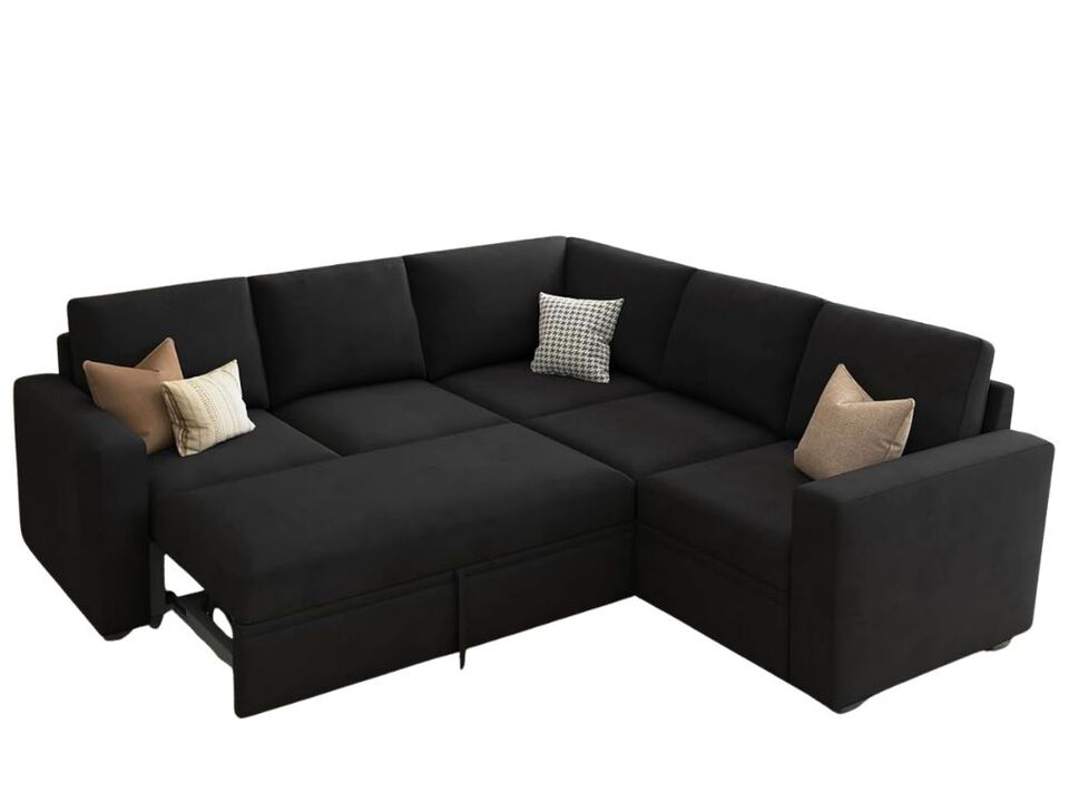 Sectional Sleeper Sofa Pull Out Bed Velvet L Shaped Couch Storage Seat Black