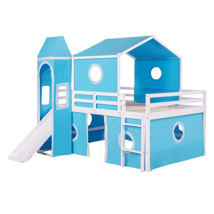 Full Size Bunk Bed with Slide Blue Tent and Tower