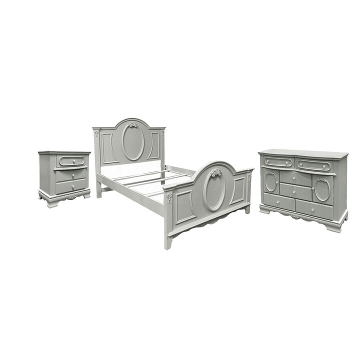 3pc Full Bedroom Set, Gray and Silver, Nightstand and Dresser