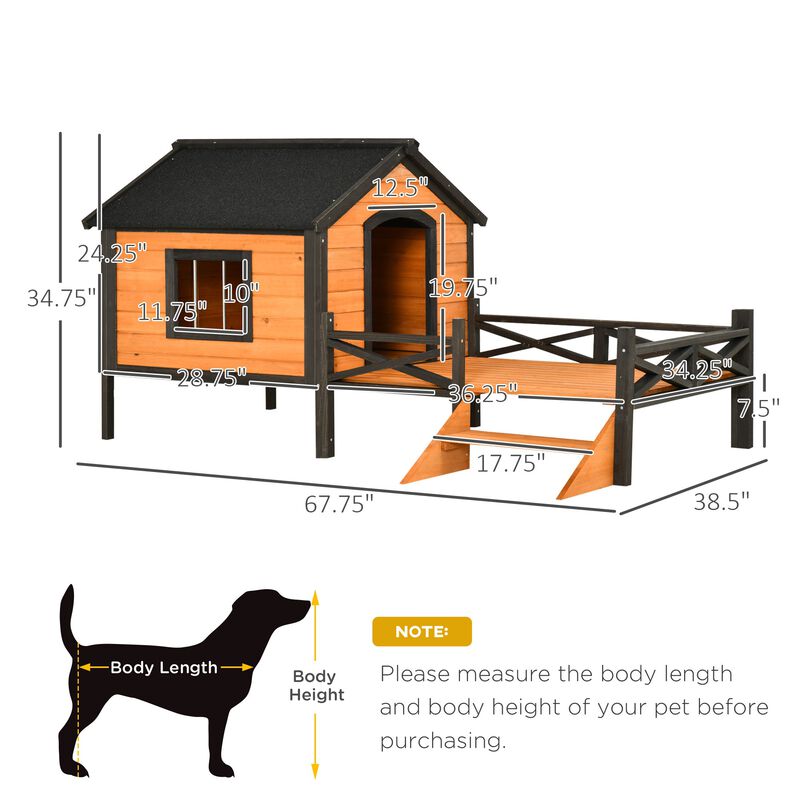 Large Dog House with Porch for Expansive Size, XL Wooden Elevated Dog Shelter, 67", Natural