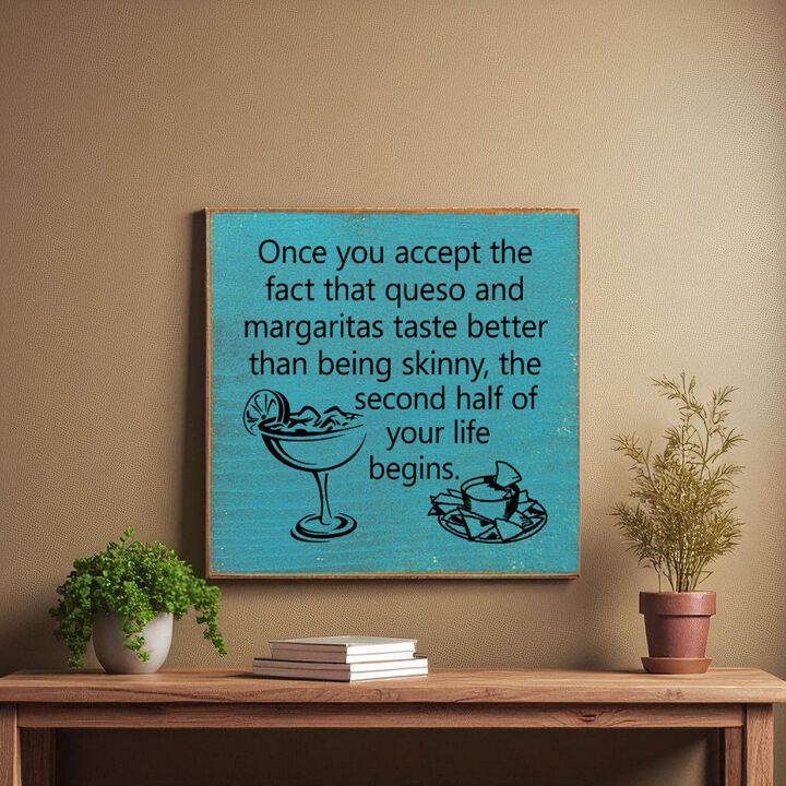 Funny Queso and Margarita Quote Wood Sign Kitchen Wall Decor