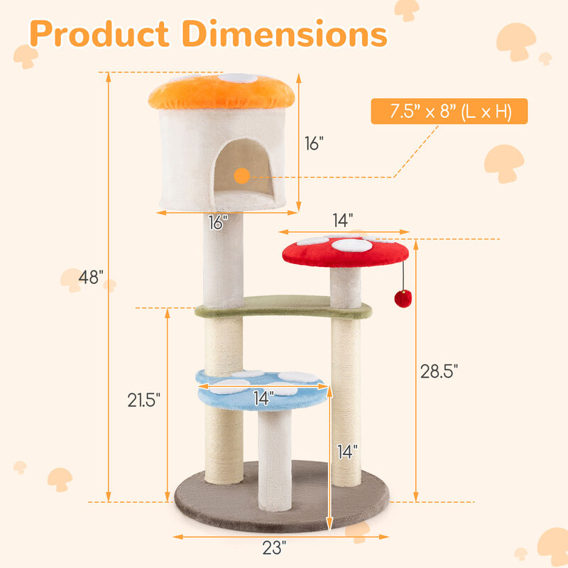 Cute Cat Tree with Mushroom Design, Top Condo & Durable Sisal Scratching Areas