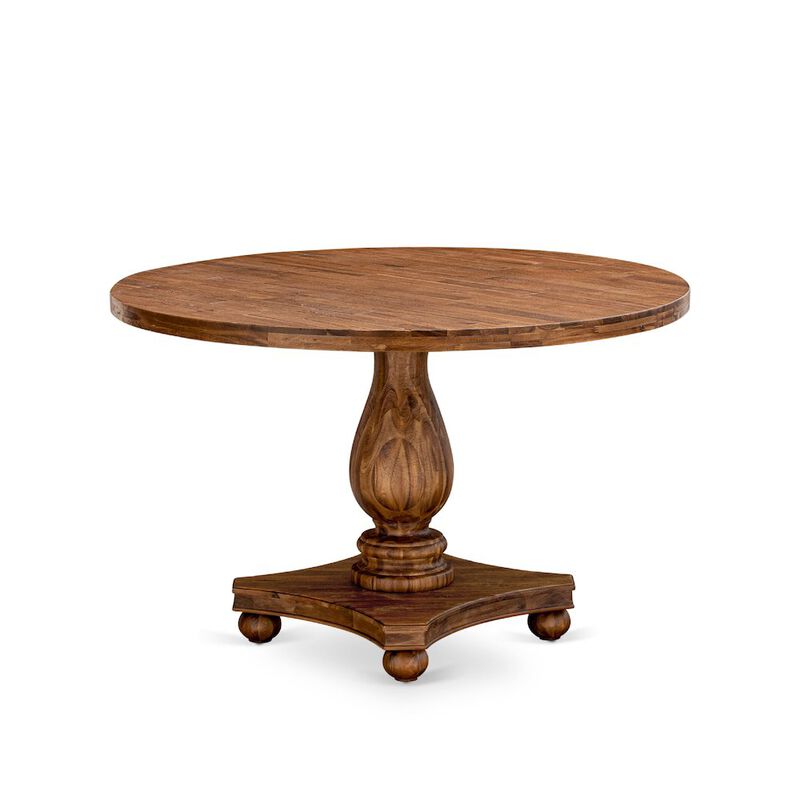 East West Furniture IRVING Round Dining Table with Pedestal, Rustic Rubberwood Table in Sandblasting Antique Walnut