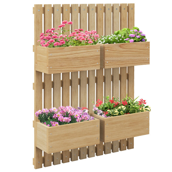 Outsunny 4 Box Raised Garden Bed with Trellis for Vine Flowers & Climbing Plants, 31.5" Tall Wall-Mounted Outdoor Wood Planter Box Set with Adjustable Height, Drainage Hole, Fabric Liners, Natural