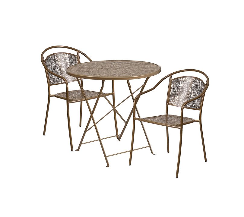 Flash Furniture Commercial Grade 30" Round Gold Indoor-Outdoor Steel Folding Patio Table Set with 2 Round Back Chairs