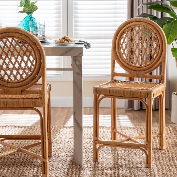 bali & pari Oxford Round Back Rattan Counter Stool - Handwoven Cane Counter Height Chair with Open Lattice Design, Natural Wicker Coastal Kitchen Island Seating