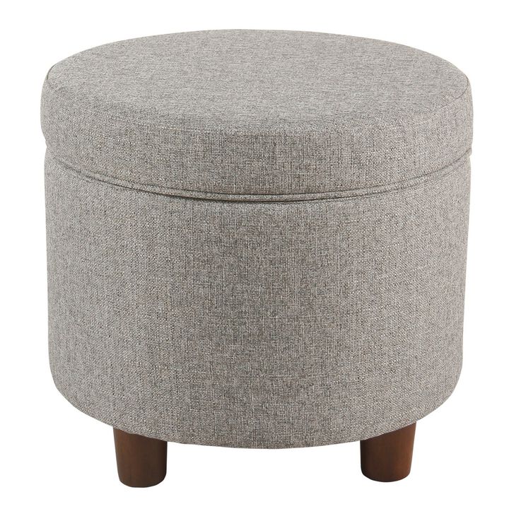 Fabric Upholstered Round Wooden Ottoman with Lift Off Lid Storage, Light Gray - Benzara
