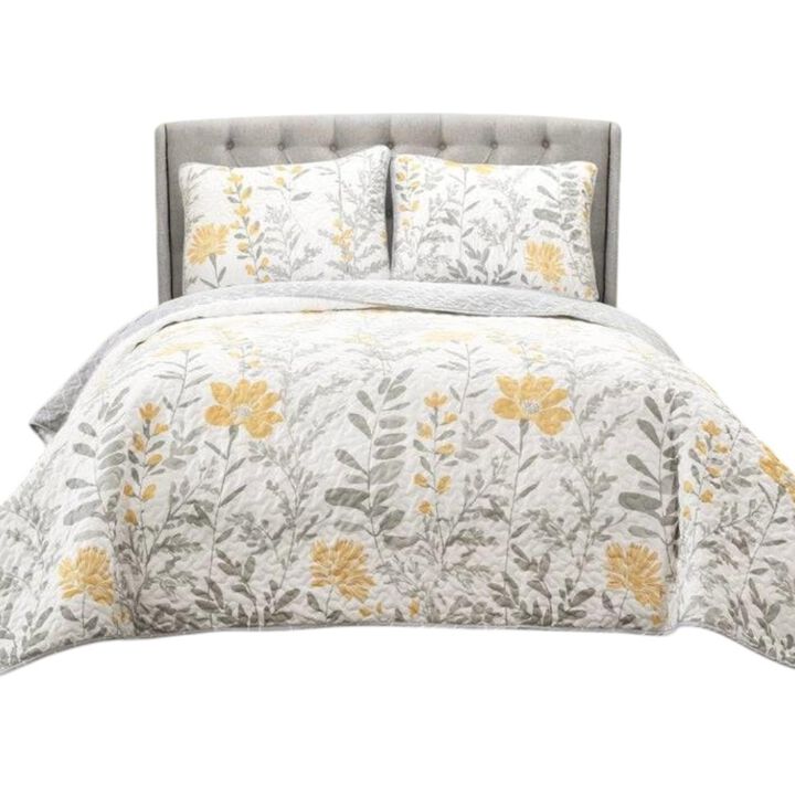 Hivvago King size Yellow Grey Floral Light Thin Cotton Polyester Blend Quilt Set