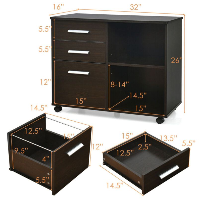 3-Drawer Mobile Lateral File Cabinet Printer Stand