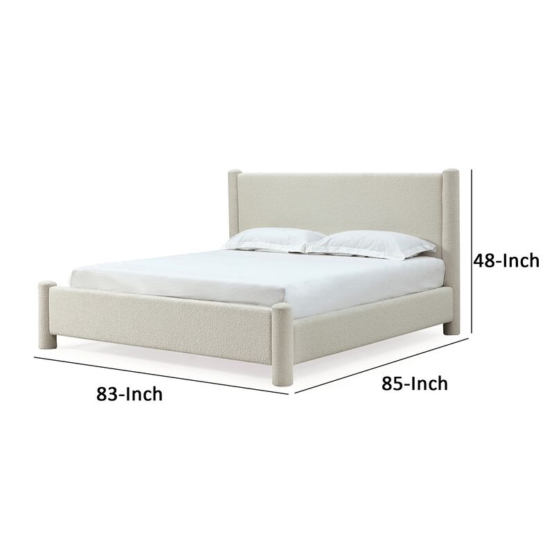Kizo King Size Platform Bed, Cream Boucle Fabric, Panel Headboard, Slats - Benzara