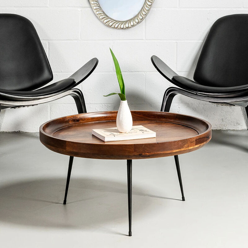 Gia Round Mango Wood Coffee Table With Splayed Metal Legs, Brown and Black