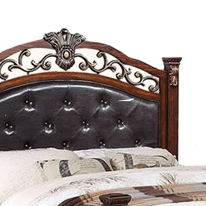Jax Traditional King Size Bed, Tufted Upholstered Headboard, Cherry Brown - Benzara