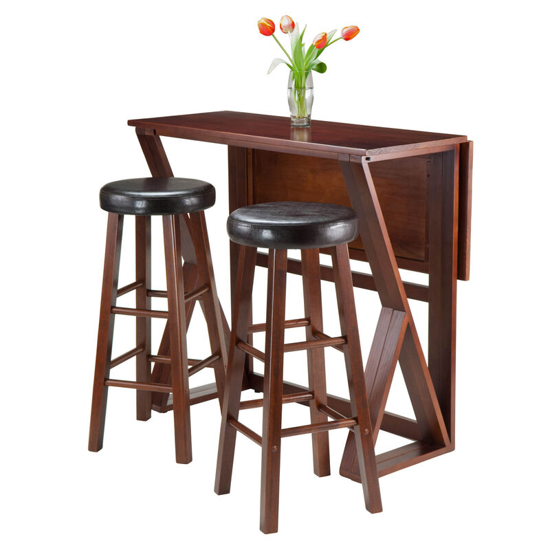 Harrington 3-Pc Drop Leaf Table with Cushion Seat Bar Stools, Walnut and Espresso