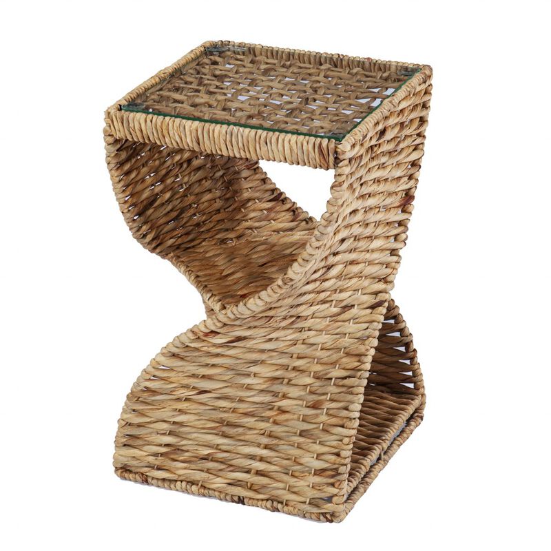 Hivvago 23 Inch  Brown And Natural Rattan Swirl Glass Top Square End Table