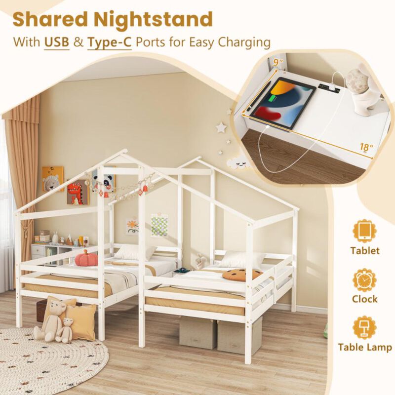 Hivvago Double Twin Size Wooden Bed Frames with Built-in Table for Kids