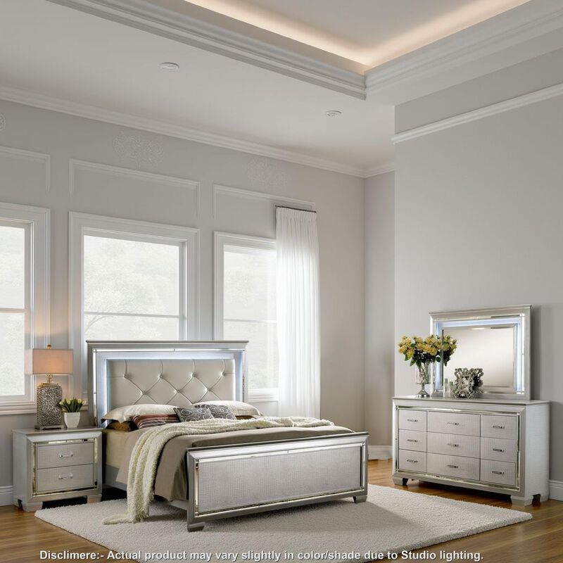 Tily 4 Pc Queen Size Bedroom Set, Crocodile Embossed Panels, LED, Silver image number 6
