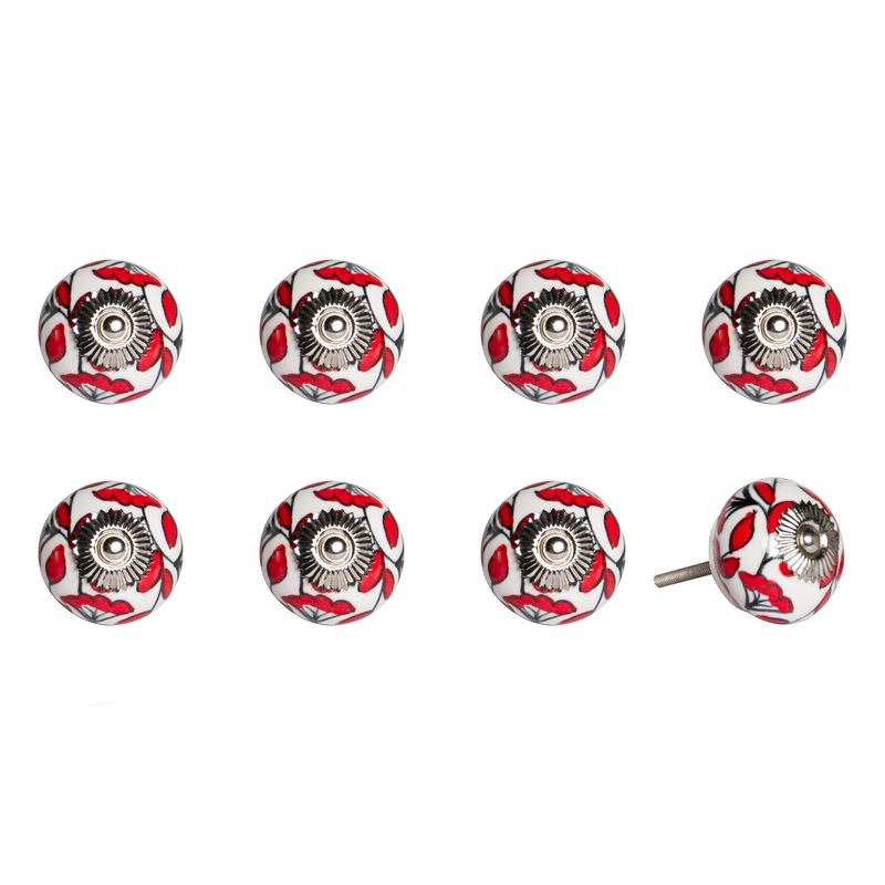 HomeRoots Set of Eight White And Red Ceramic And Metal Drawer Pull Knobs image number 3