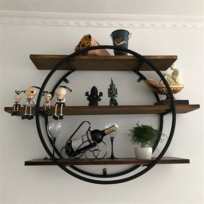 Hanging Storage Shelf Round Circular Wall Mounted 3-Tier Rack Decoration Black image number 8
