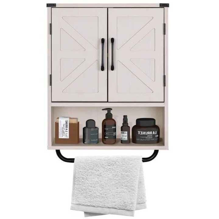 Hivvago White Farmhouse Bathroom Wall Cabinet with Storage Shelf and Towel Bar