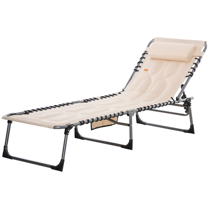 Outsunny Padded Folding Chaise Lounge Chair, Outdoor 6-Level Reclining Camping Tanning Chair with Headrest for Beach, Yard, Patio, Pool, Beige