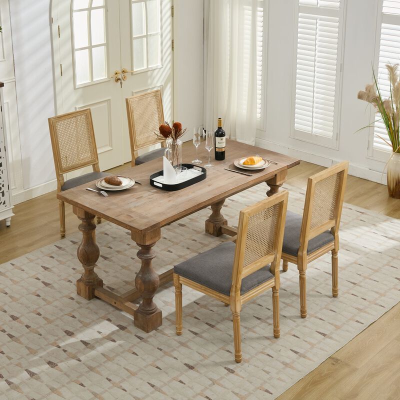 Whisen French Dining Chairs Set of 2, Solid Rubberwood Frame with Linen Upholstery and Rattan Back, for Living Room Kitchen Restaurant image number 2