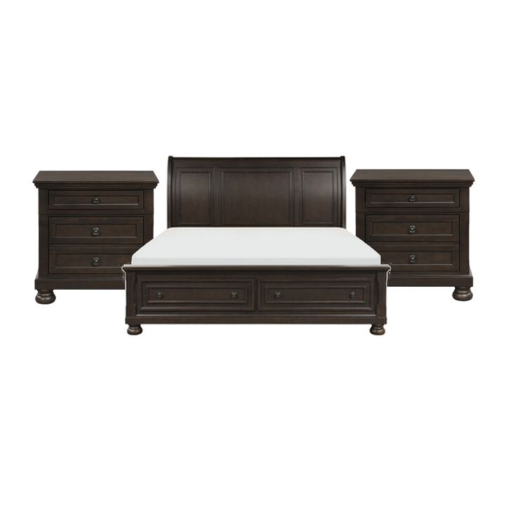 Queen Size Bedroom Set, Brown Finish, Storage Bed with Drawers, 3-Piece Set with Bed and Two Nightstands