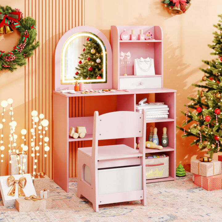 Princess Girls Makeup Vanity Desk and Chair Set with 3 Color LED Lighted Mirror