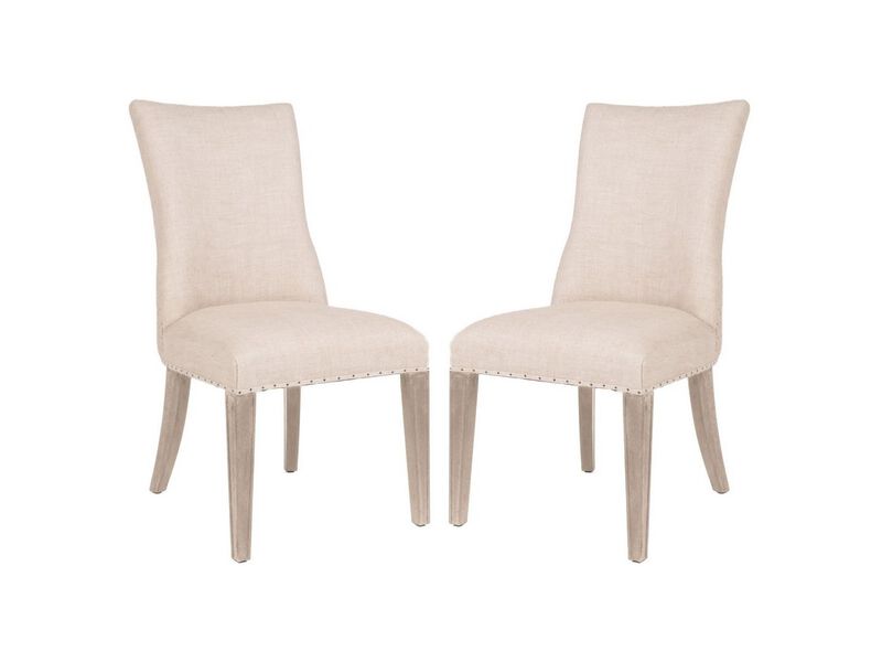 Parson Style Fabric Padded Dining Chair with Nailhead Trim, Set of 2,Beige - Benzara