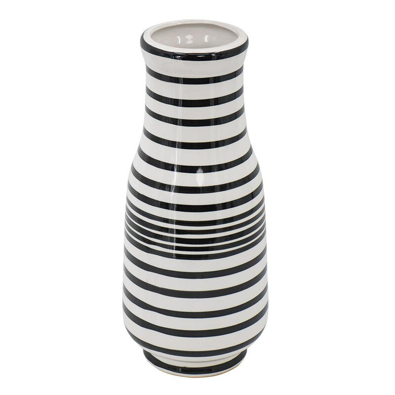 HomeRoots 18" Black And White Hand Painted Stripe Ceramic Table Vase image number 2
