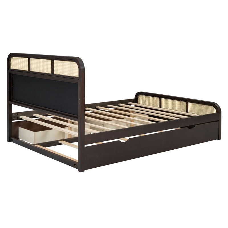 Whisen Queen Size Wooden Platform Bed with Trundle and 2 Drawers - Espresso