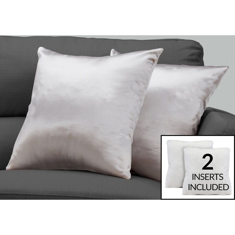 Monarch Specialties I 9337 Pillows, Set Of 2, 18 X 18 Square, Insert Included, Decorative Throw, Accent, Sofa, Couch, Bedroom, Polyester, Hypoallergenic, Grey, Modern