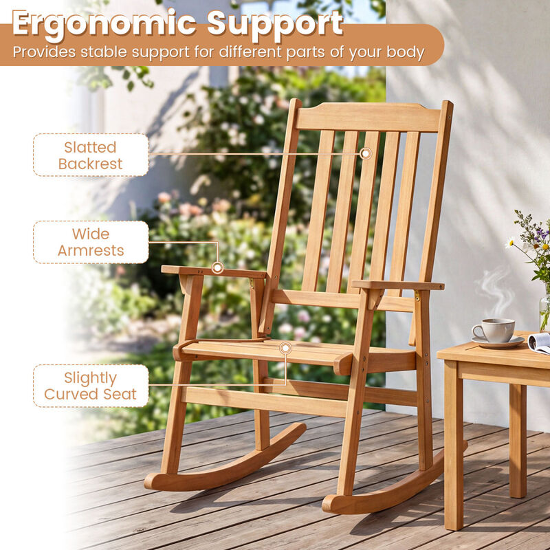 Outdoor Natural Wooden Rocking Chair with Acacia Wood High Back Design image number 4