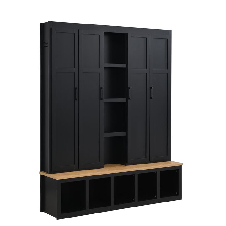 Merax Farmhouse 4-in-1 Hall Tree 6 Hanging Hooks, Wood Grain Bench | Shoe Cabinet with Open Storage