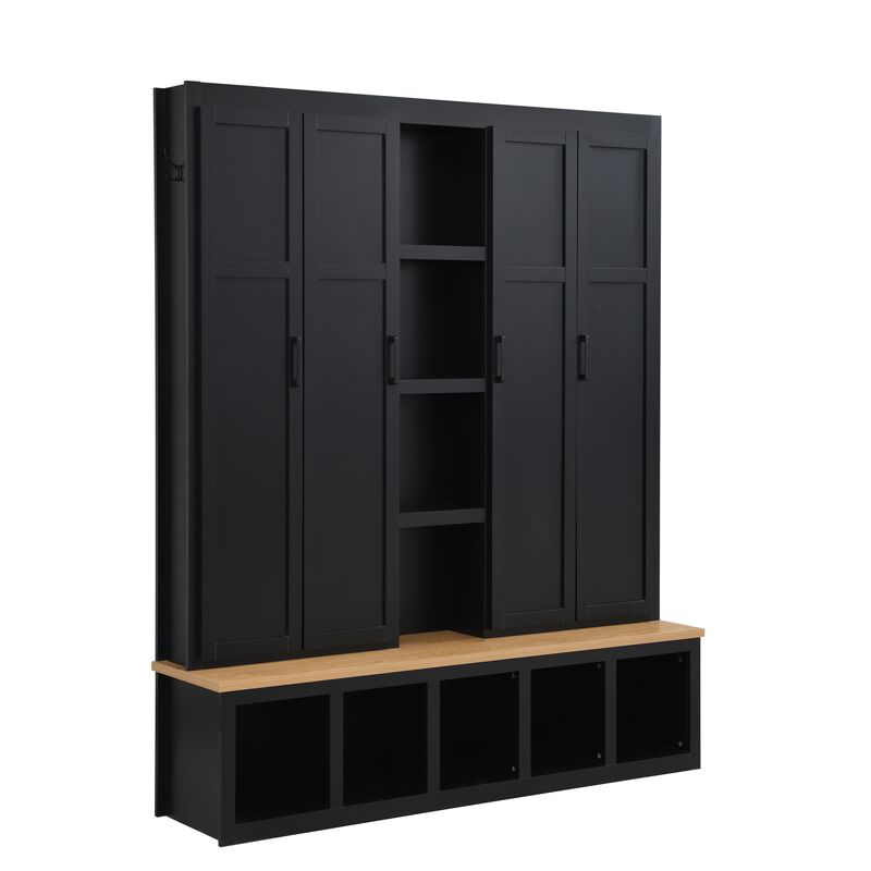 Merax Farmhouse 4-in-1 Hall Tree 6 Hanging Hooks, Wood Grain Bench | Shoe Cabinet with Open Storage