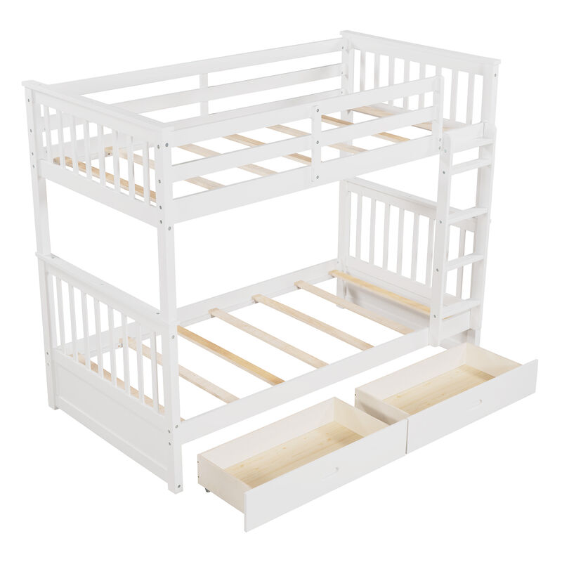 Whisen Twin-Over-Twin Bunk Bed with Ladders and Two Storage Drawers- White