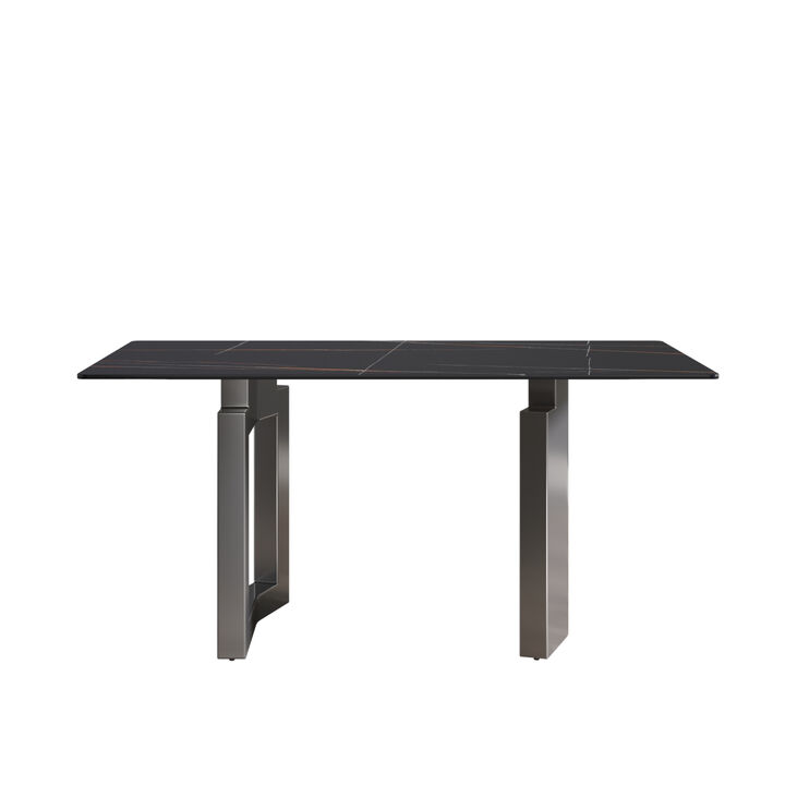 63" Modern artificial stone black straight edge black metal leg dining table -6 people