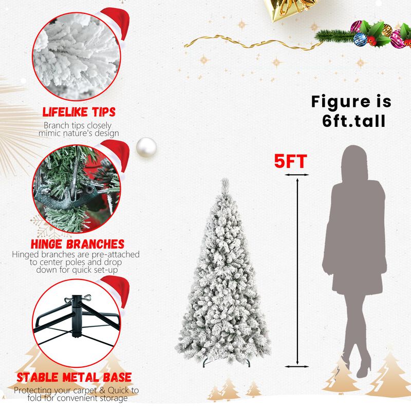 5 ft. Flocked Christmas Tree PVC Hard Needle Hinged 518 Tips with Metal Stand Full Holiday Decoration