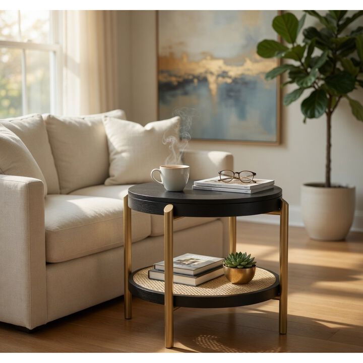Fij Side End Table with Rattan Shelf, Brass Metal, Wood
