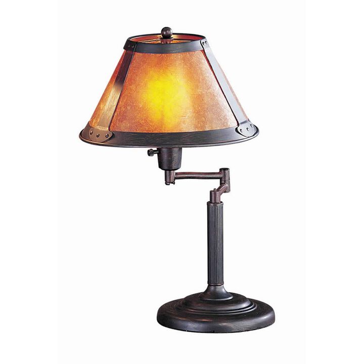 Metal Body Swing Arm Table Lamp with Conical Mica Shade, Bronze-Benzara