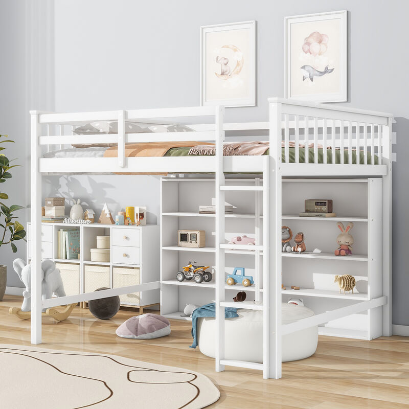 Whisen Full Size Loft Bed with Open Storage Shelves and Built-in Ladder - White