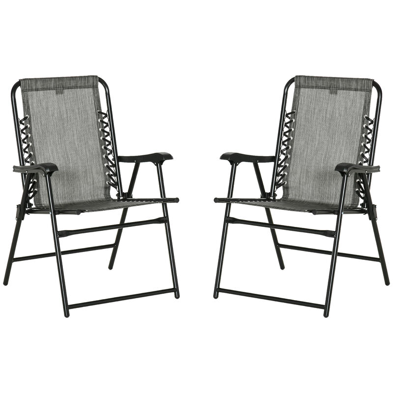 Outsunny Set of 2 Patio Folding Chairs, Outdoor Bungee Sling Chairs w/ Armrests, Portable Lawn Chairs for Camping, Garden, Pool, Beach, Backyard, Gray