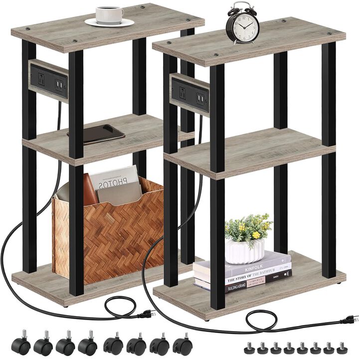 TUTOTAK Small Narrow Side Table with Charging Station, Set of 2 Skinny End Table for Small Spaces, Slim Nightstand with USB Port