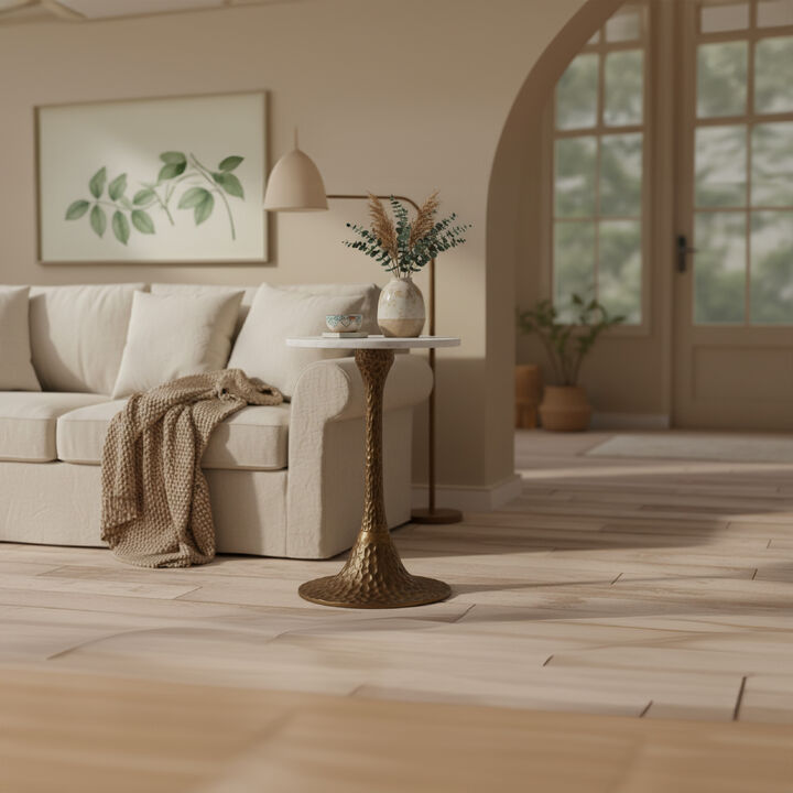 Tyler 20.5 Inch Accent Side Table, Round White Marble Top, Antique Brass Hammered Pedestal Base