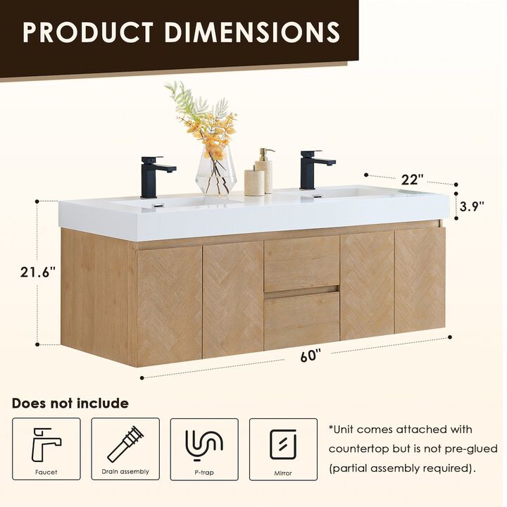 Altair-11 Double Bathroom Vanity in Light Brown White Artificial Drop-in Sink