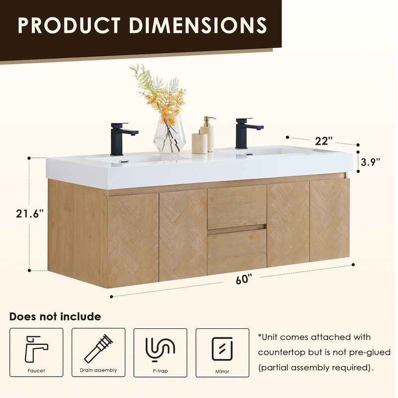 Altair-11 Double Bathroom Vanity in Light Brown White Artificial Drop-in Sink
