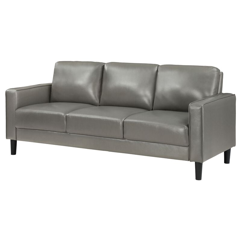 Rumi Sofa, Gray Faux Leather, Modern Track Arms, Foam Cushions