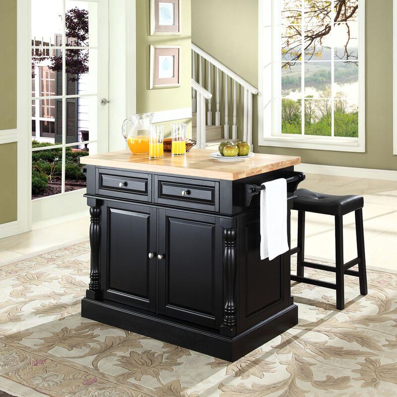 Oxford Kitchen Island W/Upholstered Saddle Stools