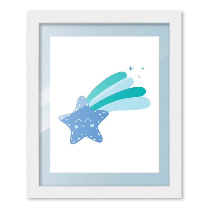 8x10 Framed Nursery Wall Art Boho Galaxy Shooting Star Poster in Blue with Baby Blue Mat in 10x12 White Wood Frame
