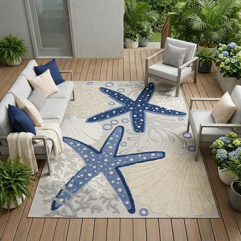 HomeRoots 6' X 9' Navy Blue And Gray Starfish Indoor Outdoor Area Rug image number 1