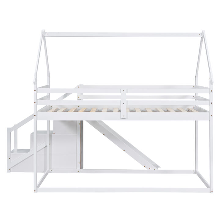 Twin over Twin House Loft or Bunk Bed with Slide and Staircase, White